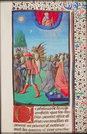 Christians (men of wisdom) adoring God the Father; other men carried away by devils; table with a jug and some food (taste) and cloth (feeling); sun and the moon