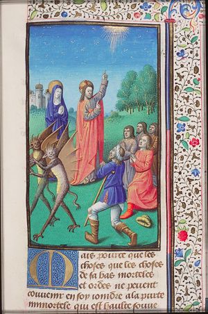 The man Christ with Mary as mediator between God and mankind; Christians praying; demons