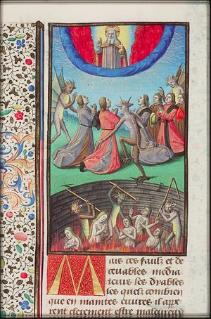 Demons using every effort to distract the men from their prayer; God the Father with angels; tortures in hell