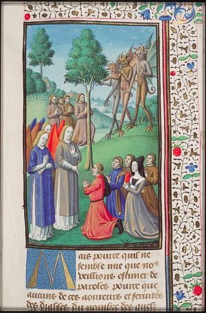 Christians kneeling before angels; pagans kneeling before devils (background)