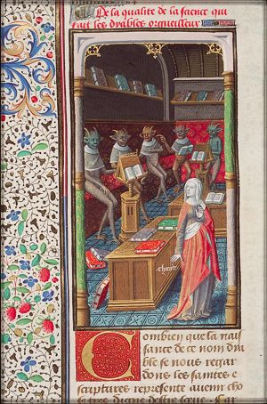 Charity admonishes demons representing 'knowledge without love' which does no good, but 'inflates man with an empty windiness'