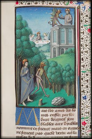 Two of the temptations of Christ in the desert by Satan; Christ ministered by angels (background)