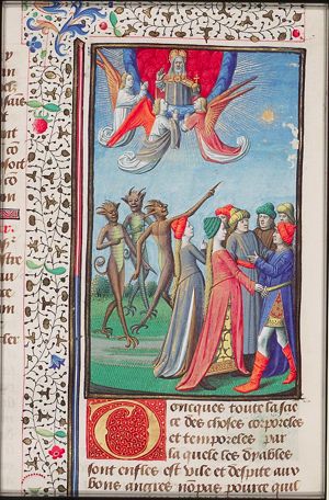 The angels as blessed and eternal, contemplating God the Father; the demons conjecture temporal matters; group of men and women discussing; sun and moon