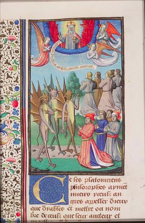 Pagans kneeling before devils; Christians kneeling before God the Father (background)