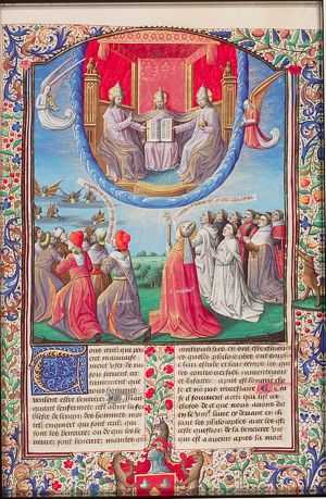 Porphyrius with pagans adoring the demons, St. Augustine with monks (one with the cross of the monastic order Trinitarians or Mathurins) and priests worshipping the Trinity as three identical persons
