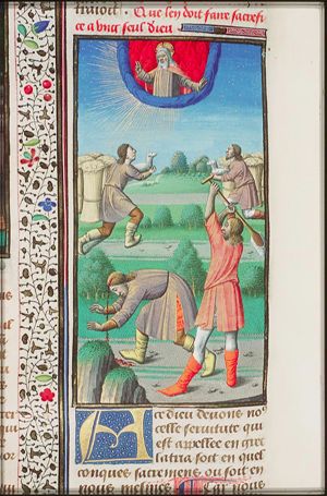 The sacrifices of Cain (who is holding a lamb instead of a sheaf of corn!) and Abel; Cain slays Abel with a spade