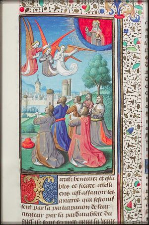 Men worshipping angels; angels pointing to God the Father asking them to worship only the true God