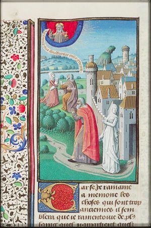 Lot's wife turns into a pillar of salt during their flight from Sodom; Abraham, Sara and Isaac worshipping God as token of God's convenant with Abraham (background)