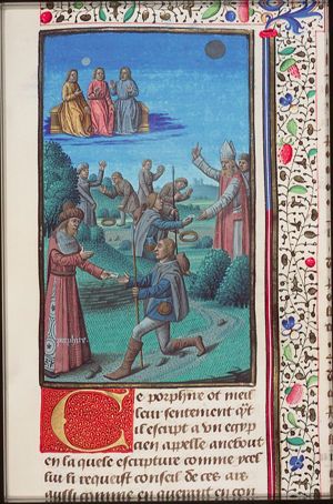 Porphyrius sending a letter to Anebo, an Egyptian priest, asking about the demons, gods, and celestial bodies; Anebo receiving the letter; Egyptian performing popular rites of divination