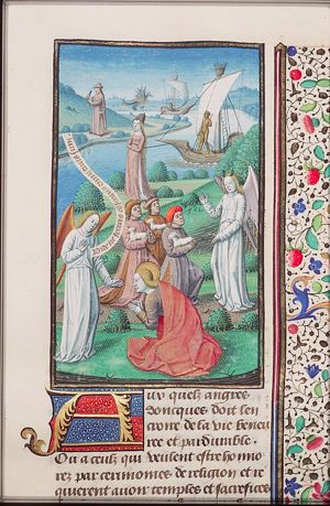 The difference between good and bad angels: the good render service to God, the bad claim worship for themselves; the Vestal virgin Claudia Quinta gives proof of her chastity by towing with her girdle a boat that conveys a statue of Cybele; the serpent (as dragon) from Epidaurus accompanying Aesculapius on his voyage by ship to Rome; Tarquin Priscus (Tarquin the Elder) cuts a whetstone with a razor (background)