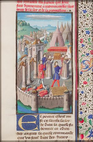 The river Jordan stops flowing to allow dry passage to the Hebrews and the priests carrying the Ark; fall of Jericho, a city worshipping a plurality of gods