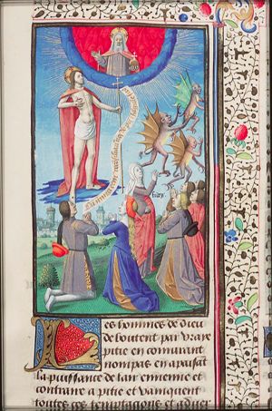 Fides chasing away devils, while men and women are kneeling before Christ interceding with God the Father