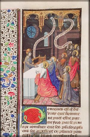 Christ giving the communion to the apostles; some disciples withdraw, offended, when they hear Christ speak mystically about eating his flesh and drinking his blood