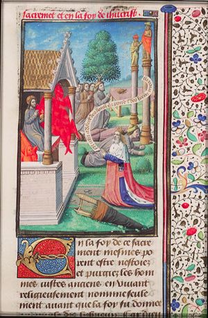 David as psalmist, praying before the true God (Christ as Salvator Mundi); pagans kneeling before idols praying for material blessings (background)