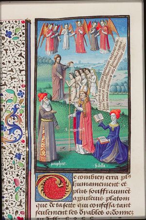 St. Augustine and Cumaean Sibyl refuting Porphyrius; Christ baptizing men and women, and freeing them from domination of the demons (background)