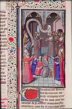 Porphyrius discussing with St. Augustine; Christ discussing with wise men: Isaiah's prophecy that Christ (God incarnate) is the true wisdom