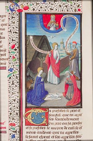 Adoration of the Christ-Child by Mary and Joseph; Isaiah and John; God the Father and the Holy Spirit
