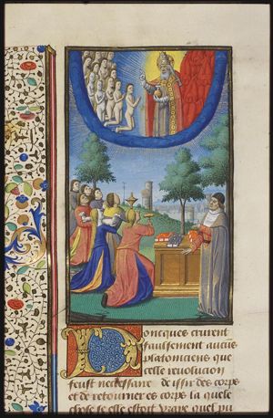 Plato speaks of the sacrifice to God; men and women praying and offering sacrifices; God as bearded old man with tiara and globe blessing souls; cherubim