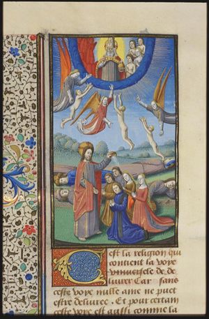 Christ baptizing men whose souls ascend to God the Father in heaven; Redemption