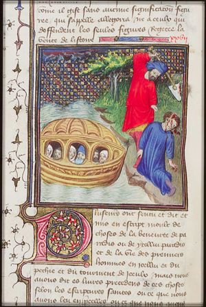 Cain slays Abel with a spade; The Great Flood: the ark of Noah floating on the waters