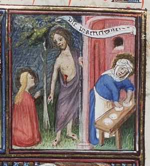 St. Mary Magdalene kneeling before Christ ('Noli me tangere), and St. Martha preparing food, representing contemplative and active life