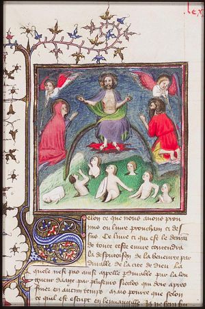 The Last Judgement: Christ on a rainbow raises the dead in the presence of Mary and St. John the Baptist