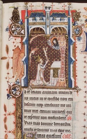 David at prayer before an altar, holding his soul represented as a small naked human being; David is looking up to God