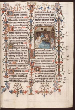 The Nativity: the Christ-child in the manger, Mary lies in bed, St. Joseph at the bedside, sitting; angels in the margin