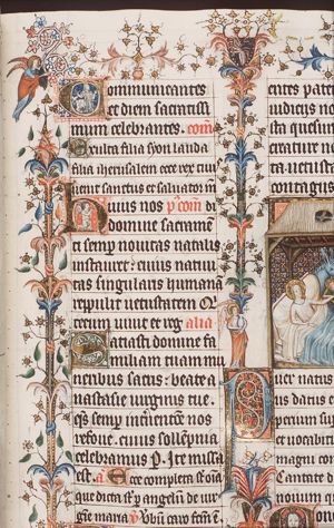 The Nativity: the Christ-child in the manger, Mary lies in bed, St. Joseph at the bedside, sitting; angels in the margin