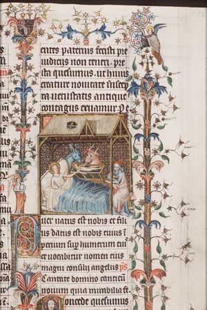 The Nativity: the Christ-child in the manger, Mary lies in bed, St. Joseph at the bedside, sitting; angels in the margin