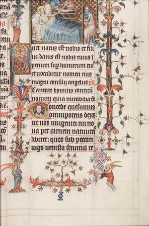 The Nativity: the Christ-child in the manger, Mary lies in bed, St. Joseph at the bedside, sitting; angels in the margin