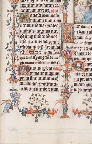 The Nativity: the Christ-child in the manger, Mary lies in bed, St. Joseph at the bedside, sitting; angels in the margin