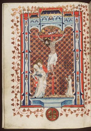 Crucifixion, with Mary, St. John, a male and a female donor, two coats of arms and a figure above (?; overpainted); frame includes Head of Christ and prophets, and praying angels