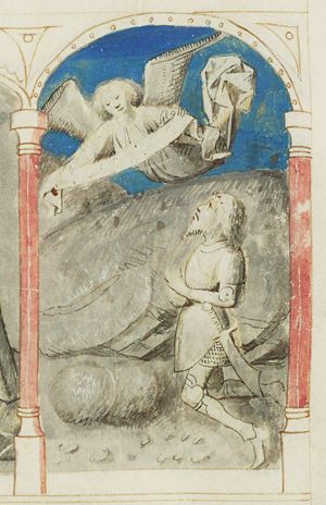 Gideon receives a sign from the angel: the dew is on the sheep's fleece only, the ground remains dry (3rd of 3)