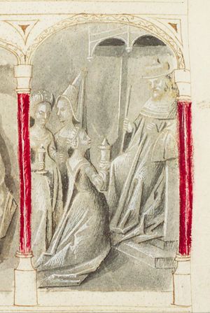 Solomon, enthroned, receiving the queen of Sheba, who is bringing gifts (3rd of 3)