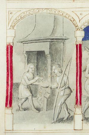 Esau, returning hungry from the hunt, sells his first birthright to Jacob for a pottage of lentils (1st of 3)