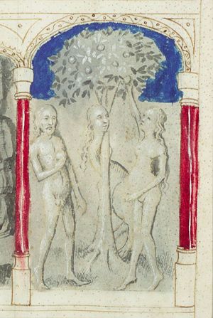 The fall of man: Adam and Eve eat from the Tree of Knowledge of Good and Evil (3rd of 3)