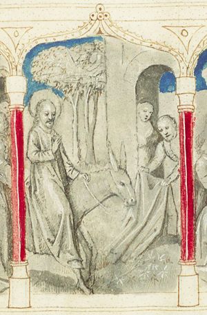 The Entry into Jerusalem: Christ enters the city-gate on an ass (2nd of 3)