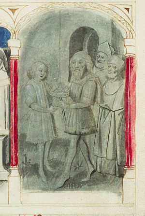 Absalom conspires against David: a crown and sceptre are offered to him(?) (3rd of 3)