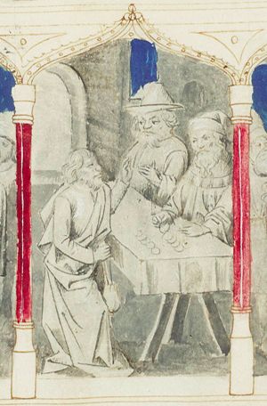 The betrayal of Christ: as a reward Judas receives pieces of silver from the chief priests