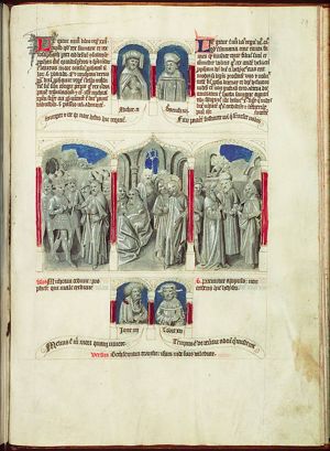 Micaiah predicts King Ahab's defeat and death; chariot with Ahab's body (background) (1st of 3)