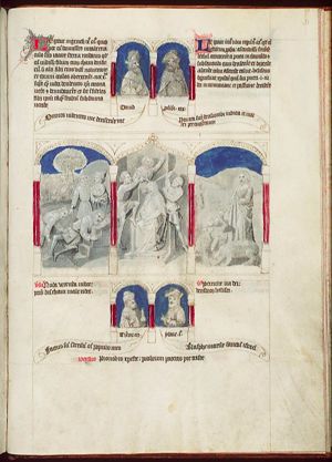 The mocking of Noah: one of his sons covers him, the other two stand nearby (1st of 3)