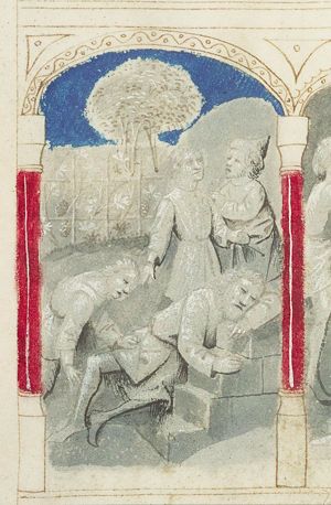 The mocking of Noah: one of his sons covers him, the other two stand nearby (1st of 3)