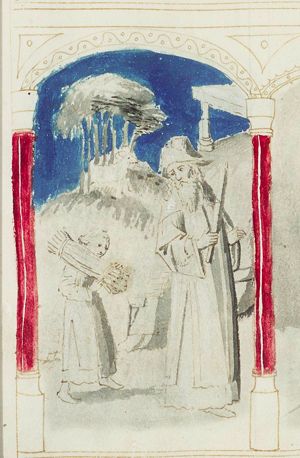 Abraham and Isaac, carrying the wood for the sacrifice, on their way to Moriah (1st of 3)