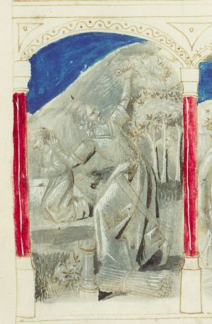 Abraham sacrifices Isaac, an angel restrains his sword (1st of 3)