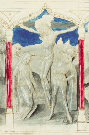 The Crucifixion, with Mary, St. John, the confessing centurion, and others (2nd of 3)