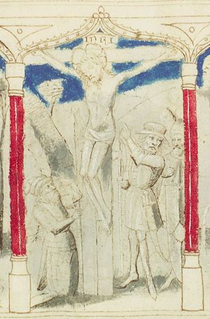 The Crucifixion: Longinus kneels down after he has pierced Christ's side (2nd of 3)