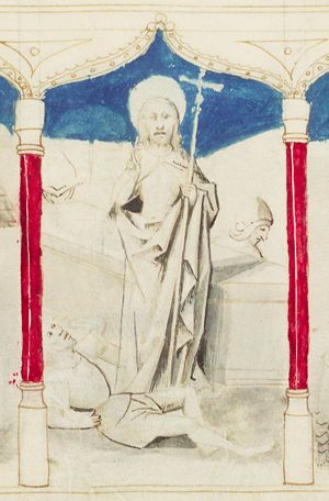 The Resurrection: Christ stands in front of the tomb, and sleeping soldiers (2nd of 3)