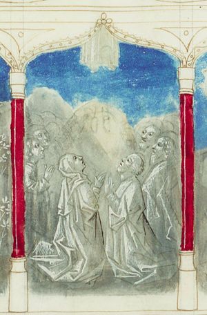 The Ascension: Christ ascends into heaven above Mary and the apostles, leaving his footprints on the Mount of Olives (2nd of 3)
