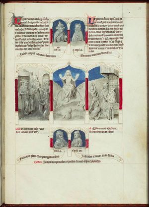 The judgement of Solomon: Solomon gives verdict; he commands a soldier to divide the living child in two; the true mother objects (1st of 3)